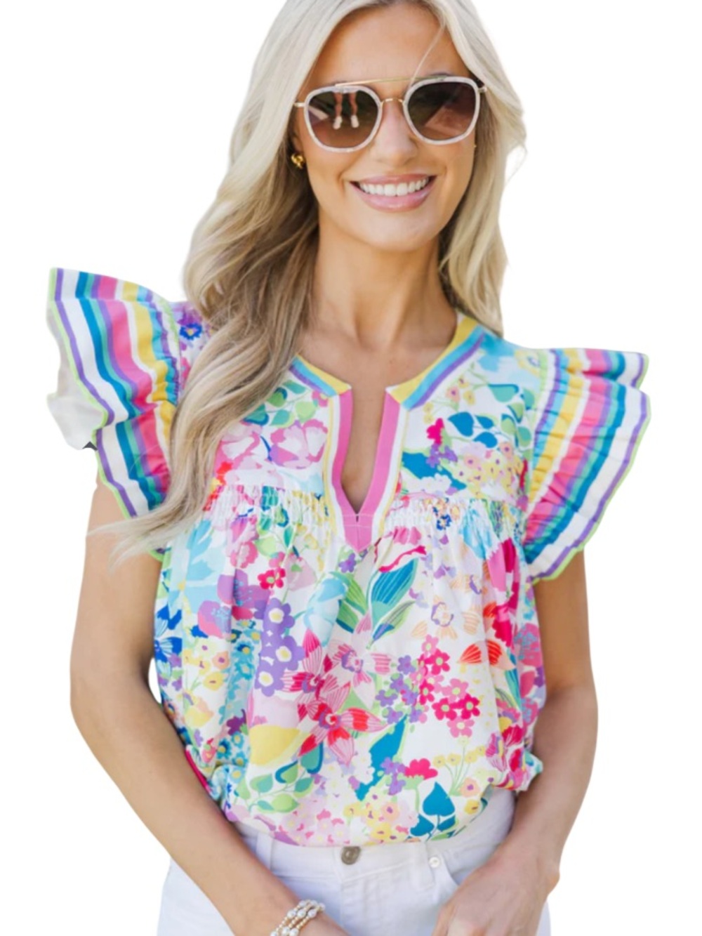 Oddi Los Angeles Multicolor Vibrant Floral Flutter Sleeve Top. Size M. NWT